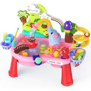 2026 Upgraded Water Table for Toddlers 1-3, Outdoor Toddler Toys Sand Water Pool Toys with Pump/Running Water/Fishing Toy/Play Food Accessories, Kitchen Play Sink Toys for Girl Boy Ages 4-8 (Pink)