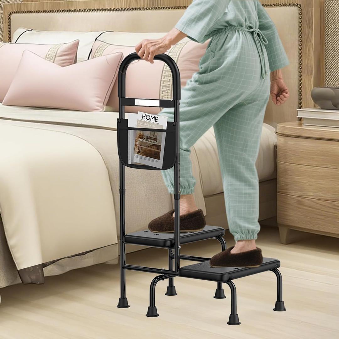 2 Step Stool with Handle for Elderly Heavy Duty Bed Steps for High Beds for Adults Two Step Stools for Seniors with Adjustable Handrail Non-Skid Platform LED Light Foot Stool for Kitchen Room (Black)