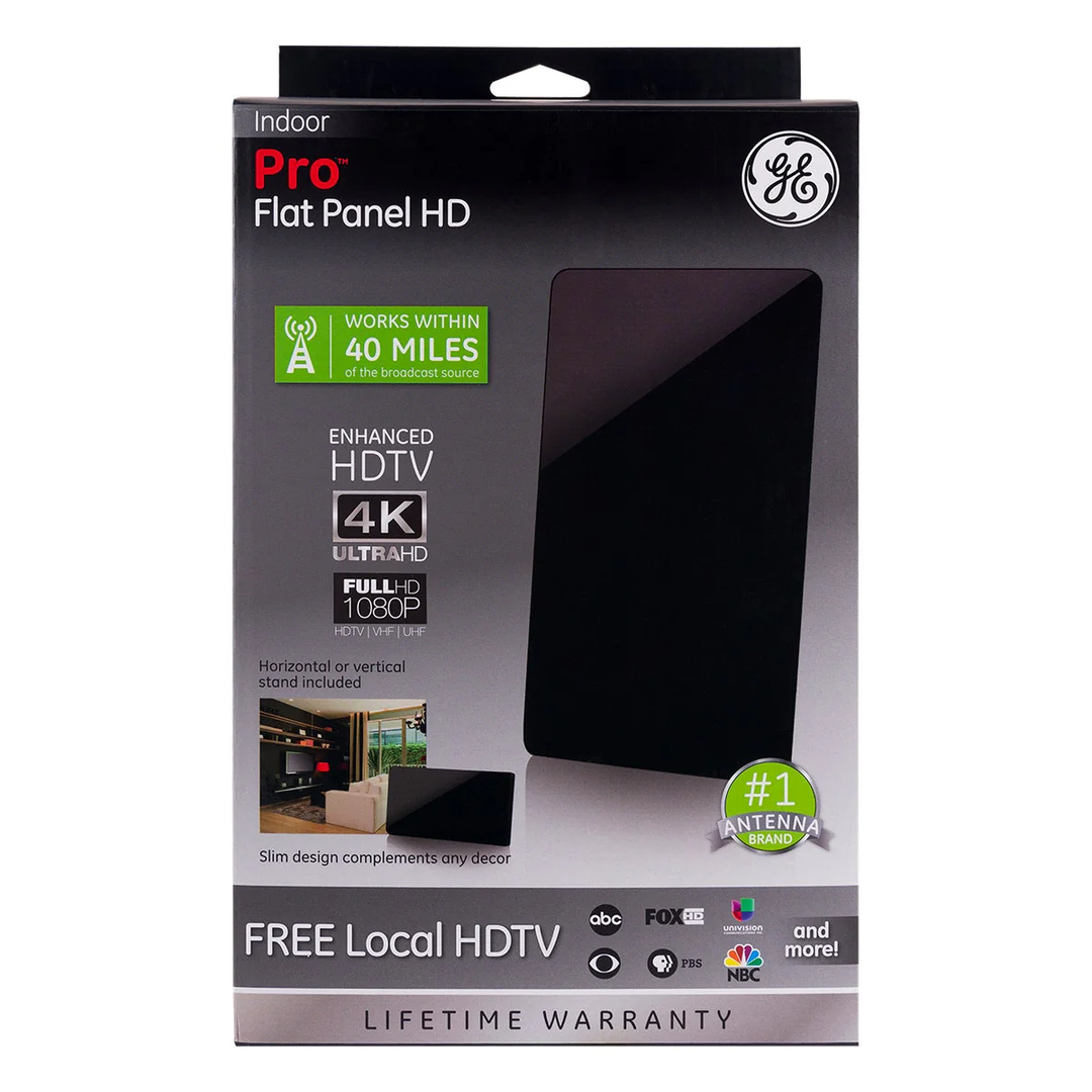 GE PRO Flat Panel HD Indoor Antenna - Free Local HDTV 4K UltraHD Full 1080P