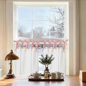 jinchan Linen Tie Top Curtains 24 Inch Length Farmhouse Cafe Curtains Set of 2 for Bedroom Bathroom Rustic Small Windows Light Filtering White Panels with Pink Ties