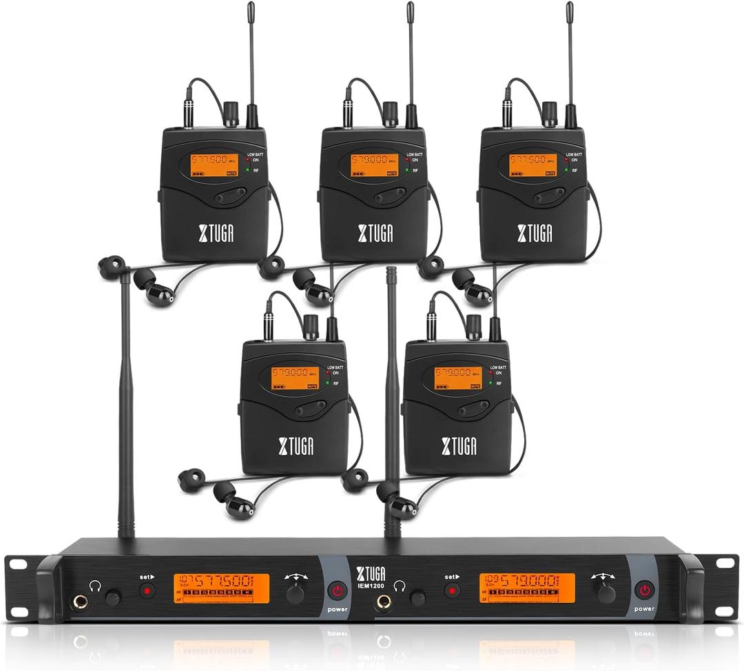 XTUGA IEM1200 UHF Mono Wireless in Ear Monitor System 2 Channel 5 Bodypacks Monitoring with in Earphone, 40 Frequencies, Rack Mountable, Up to 300Ft Operation, Suitable for Church and Band