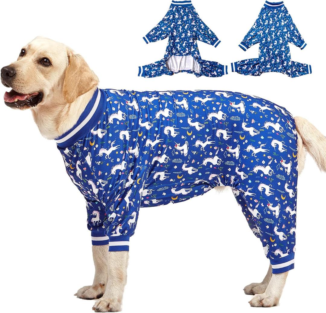 LovinPet Large Dog PJS Clothes: Wound Care/Post Surgery Mastiff Shirt, Lightweight Stretchy Knit Dog Pajamas, Mermaids & Unicorns Blue and White Print, Mastiff Pajamas, Pet PJ's /3XL