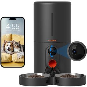 WOPET Automatic Cat Feeder with Camera for Two Cats, 6L Automatic Dog Feeder with HD Video and Night Vision, 5G/2.4G WiFi Pet Feeder for Cats & Dogs, SD Card Storage & 2-Way Audio (Black)