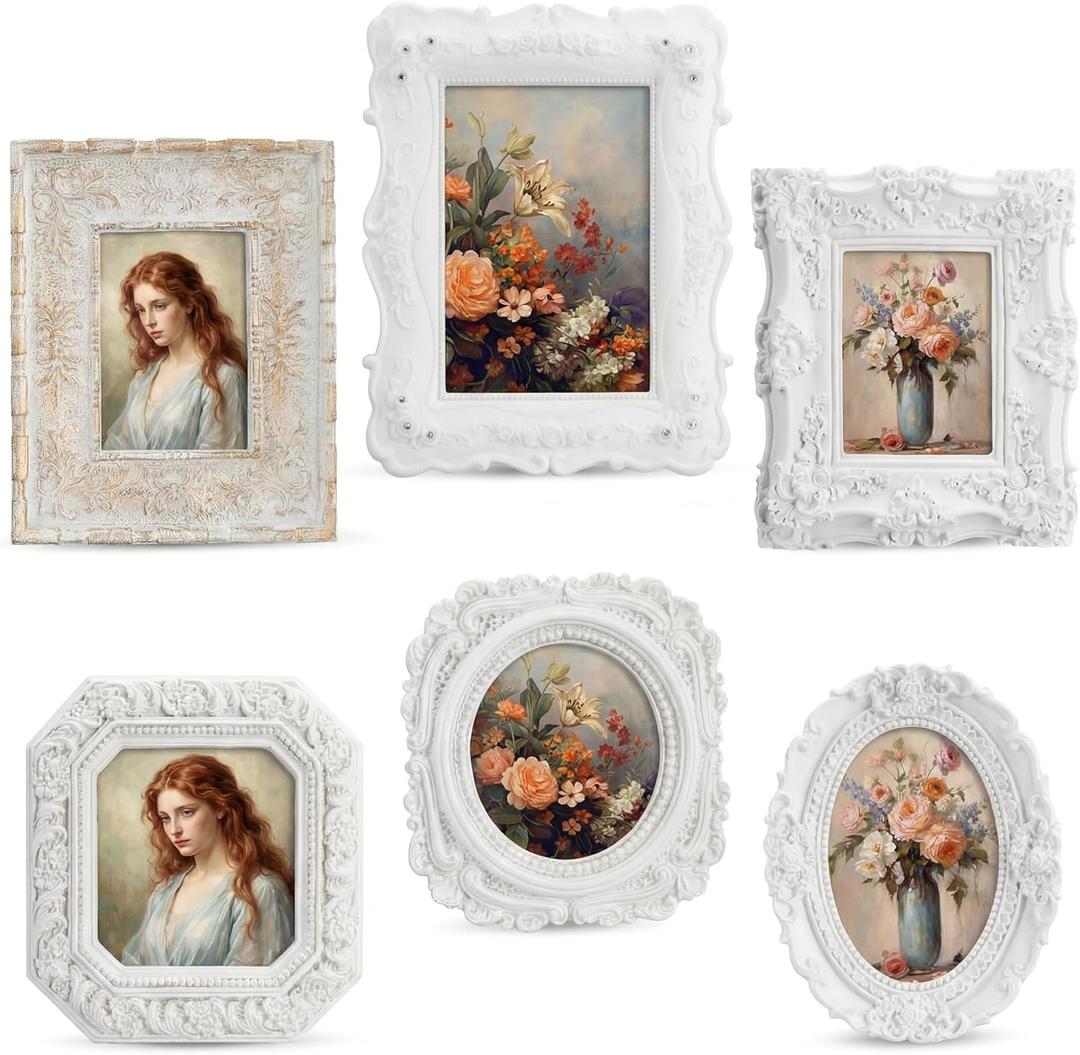 Kathfly 6 Pcs Mini Vintage Picture Frame for Wedding Decor Gold Tiny Picture Frames Bulk Antique Photo Frame Resin Baroque Ornaments with Floral Relief Panel and Rack Stand for Wall(White,Retro)