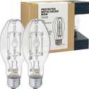 Protected MP100/U/MED 100 Watt Metal Halide EDX17, Medium Base(E26), Dusk to Dawn Bulb, 4000K, 9200 Lumen, Ballast ANSI Code M90 Clear Bulb 2 Pack