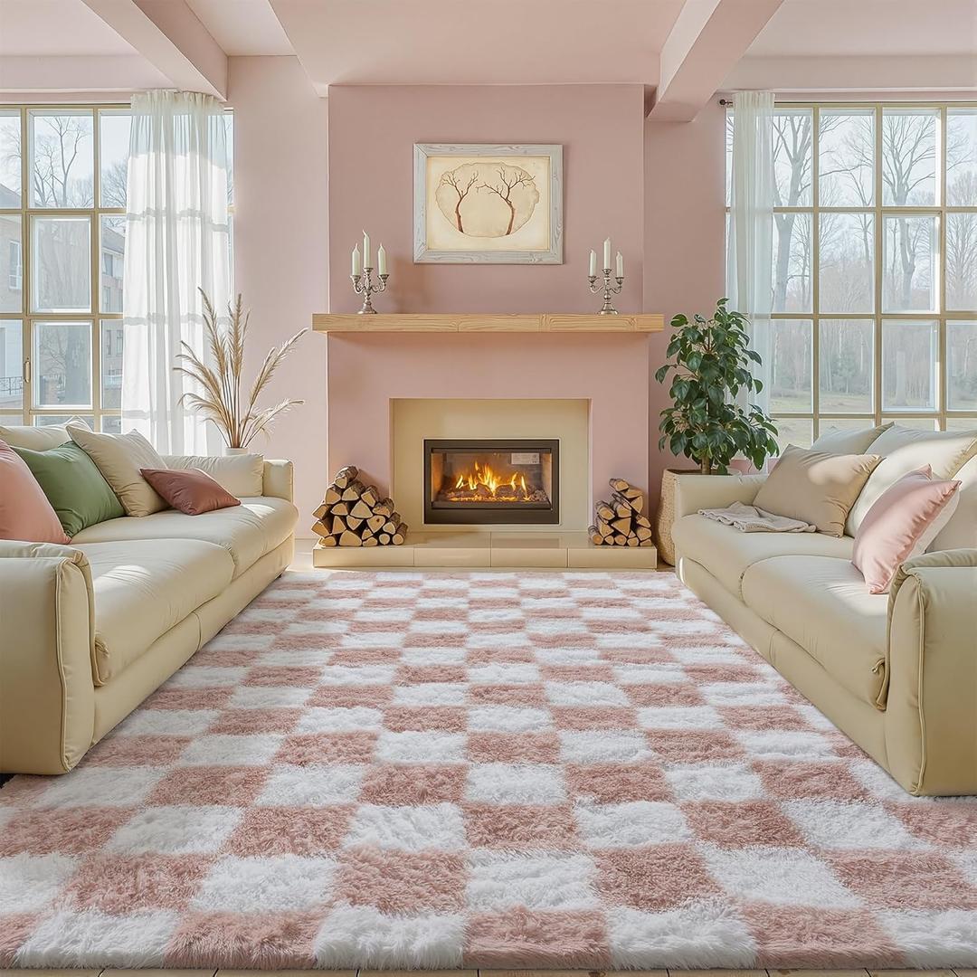 PureCozy Checkered Rug 7x10 for Living Room, Pink and White Modern Shag Rugs Super Soft Washable Indoor Office Fuzzy Carpet Non-Slip Fluffy Rugs for Bedroom Home Aesthetic Decor