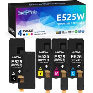 Ink E-Sale Compatible Toner Cartridge Replacement for Dell 525 E525 E525W (KCMY, 4 Packs), for use with Dell E525W Color Laser Printer for 593-BBJX 593-BBJU 593-BBJV 593-BBJW