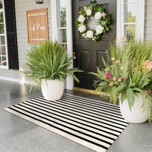 Collive Black and White Outdoor Rug Door Mat 24"x 51", Cotton Woven Striped Front Doormat, Washable Front Porch Spring Outdoor Decor for Farmhouse Front Door Layered Kitchen Porch