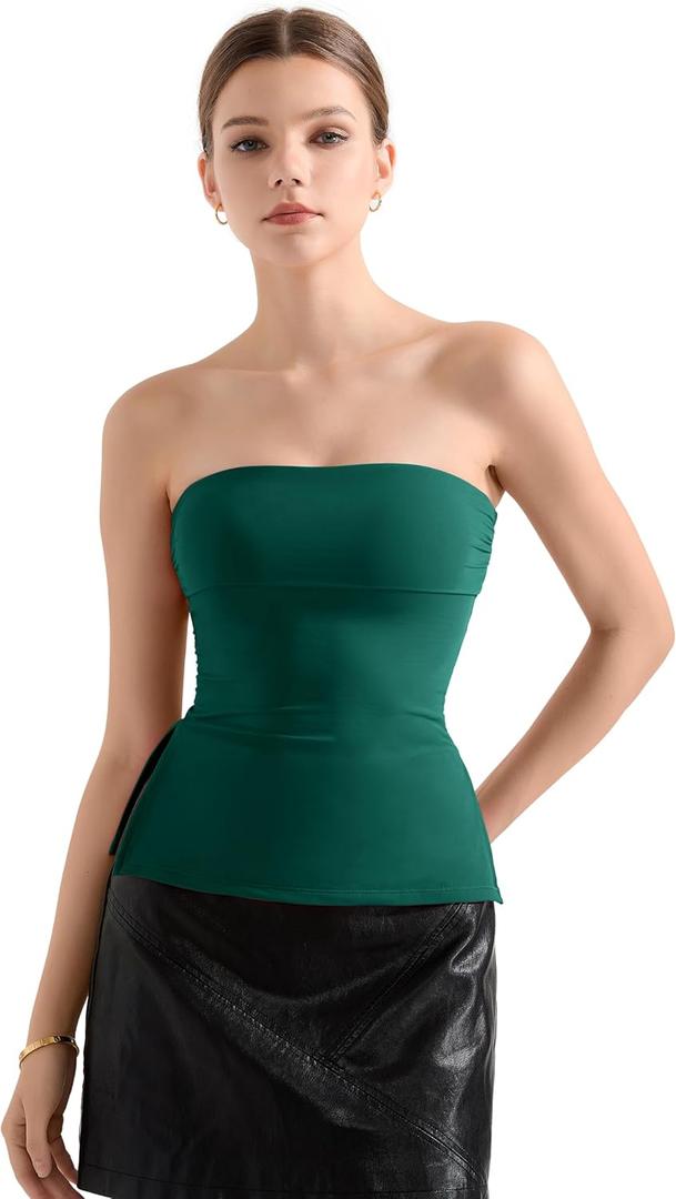 SUUKSESS Women Double Lined Going Out Trendy Tube Tops Side Split Sexy Tank Tops (X-Small, Deep Green)