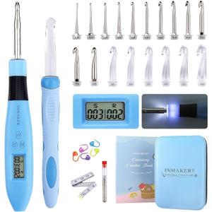 INMAKER Light up Crochet Hooks Ergonomic Soft Grip, Large Counting Crochet Hook Set Digital, Lighted Crochet Needles Kit with Case (Blue)