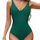BMJL Women's One Piece Swimsuit Slimming Tummy Control Bathing Suit Deep V Neck Color Block Lace Up Back Swimwear (L, Green & Black)