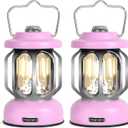 Rechargeable LED Camping Lanterns, Vintage Camping Lights Battery Operated, Portable Retro Metal Glamping Lights for Hiking, Hurricane, Decoration, Power outages, Pink, 2 Pack