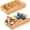 2 Pack Bamboo Pantry Organizers, Storage Bin with Removable Dividers, Divided Snack Oragnizer with Handle, Stackable Cabinet Basket, Drawer Caddy for Kitchen Office Packets Sauce Pouches