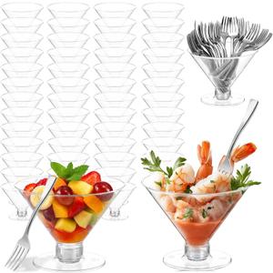 100 Pack Plastic Martini Glasses Disposable with Mini Silver Forks, 50 Pcs Forks and 50 Pcs 5oz Shrimp Cocktail Cups, Clear Disposable Cocktail Glasses for Wedding, Desserts and Appetizers (Clear)