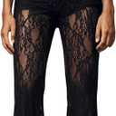 Women's Floral Lace Sheer Mesh Flare Pants Elastic High Waisted Long Trousers (Black) M