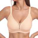 Deep V Wireless Push Up Jelly Bras for Women Seamless Sexy Mesh Supportive Lift No Underwire Luxe Soft Comfy Tshirt Bralette, Beige, X-Large