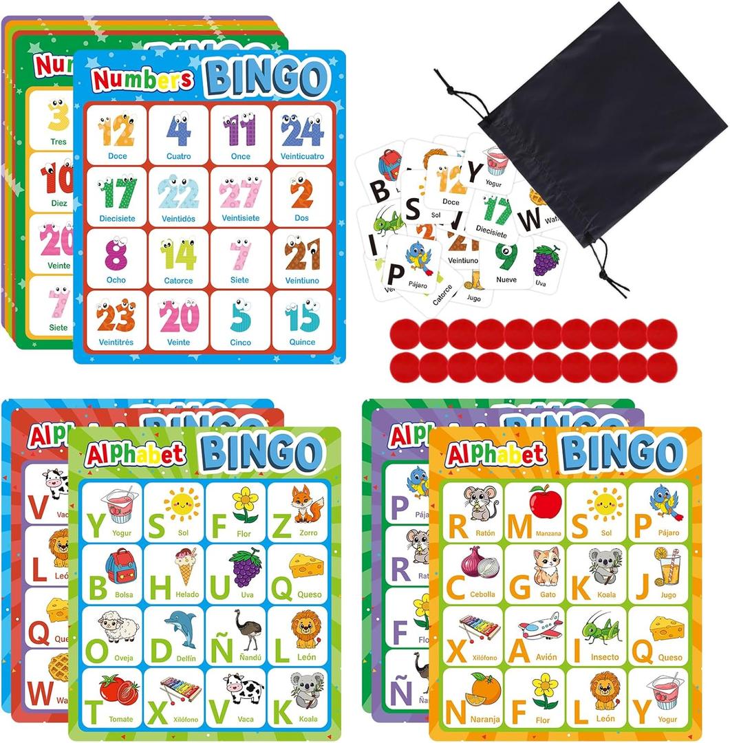 Spanish Alphabet Bingo Game, Letter&Number Sight Word Bingo Board Games for Kids, ABC and 123 Learning Toys for Kindergarten, Toddler Preschool Learning Activities, Family Matching Games