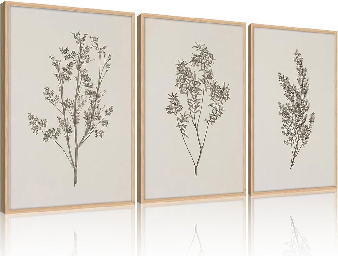 Framed Vintage Floral Wall Art Set of 3 Large Beige Botanical Prints Modern Farmhouse Picture Poster Minimalist Wall Decor Painting for Living Room Dining Bedroom 16x24 Inches (White plants)
