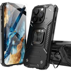 for iPhone 16 Pro Max Case with Screen Protector Black for Men Women,Hybrid Drop Test Cover with Car Mount Kickstand Slim Fit Protective Sturdy Case for iPhone 16 Pro Max 6.9 Inch,Black