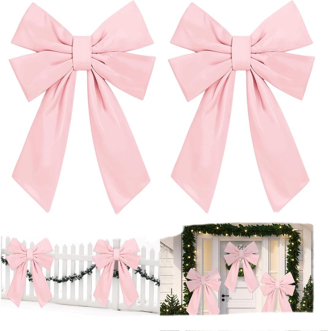 Hungdao 2 Pack Large Pink Wreath Bows 24x36 Waterproof Fabric Bows Outdoor Wedding Decorative Farmhouse Ornaments for Valentine Wedding Party Hanging Wall Front Indoor Decor