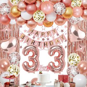 33rd Rose Gold Birthday Party Decorations for Women, Rose Gold Happy Birthday Banner, Fringe Curtains, Heart Foil Balloons, Confetti Balloons, Cake Topper for 33rd Birthday Decorations
