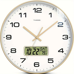 Wall Clock, 14" Large Dial Non-Ticking Silent Battery Operated Analog with LCD Display for Perpetual Calendar and F° Temperature, Ideal Modern Home, Bedroom, Office Decor (Gold)