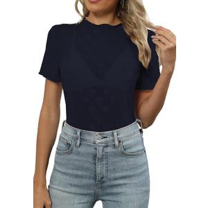 Women's Mesh Lace Top Sheer Short Sleeve T Shirt Mock Neck Summer Blouses (Blue) Medium