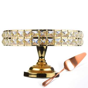 Decorative Cake Stand With Mineral Crystals & Spatula Round Metal Pedestal Cupcake Stands For Donuts Desserts Birthday Wedding Baby Shower Anniversary Holiday Dinner Party (Golden, 13.5")