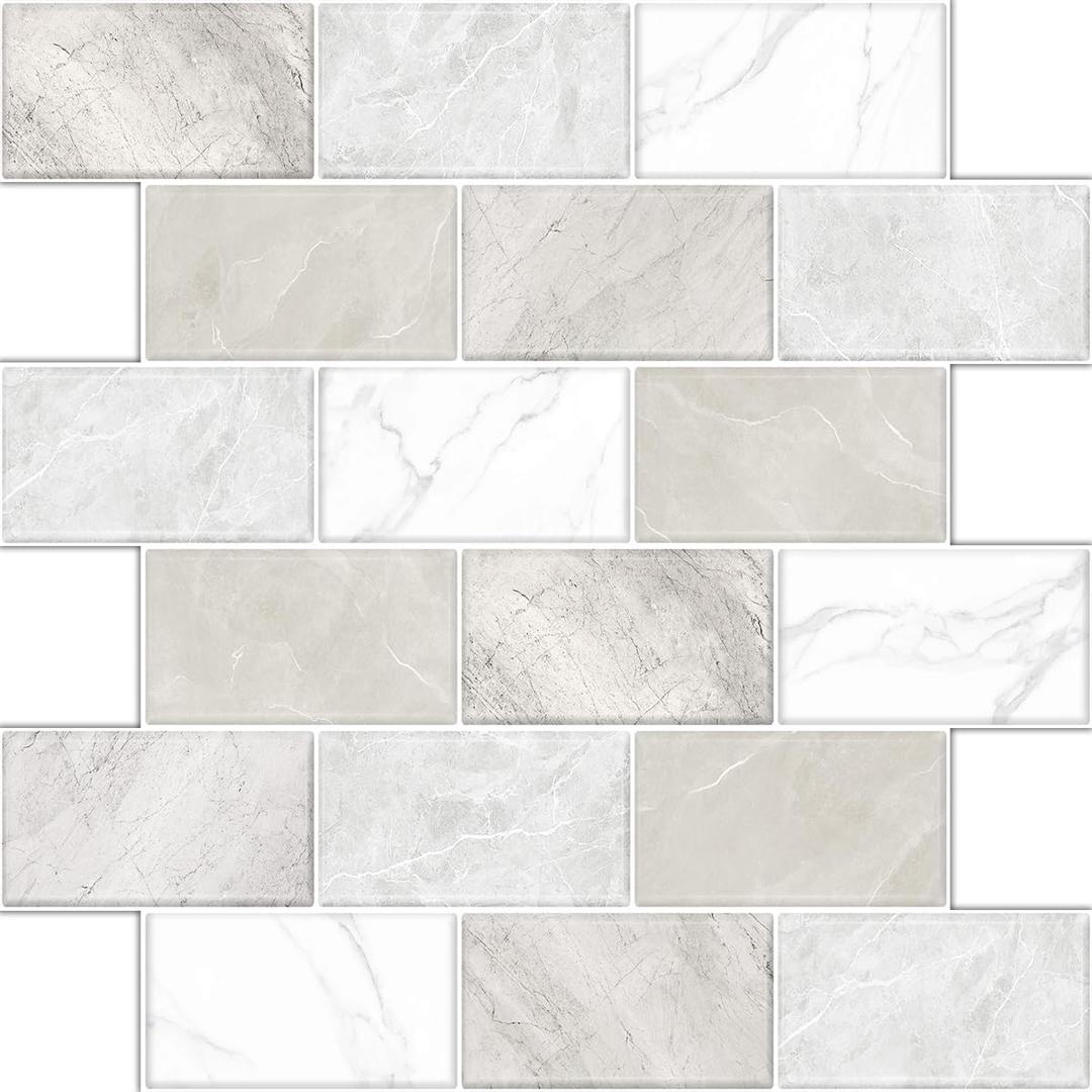 10 Sheets Peel and Stick Backsplash for Kitchen 12"X12" Renter Friendly Backsplash Back Splash Adhesive Subway Wall for Bathroom Tile Sticker Off-White Marble （Not 3D Tile