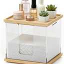 Disposable Face Towel Holder Box, Acrylic Facial Container for XL Clean Skin Club Towels, Large Face Storage with Wood Base and Wood Lid for Bathroom Vanity Countertop, Clear