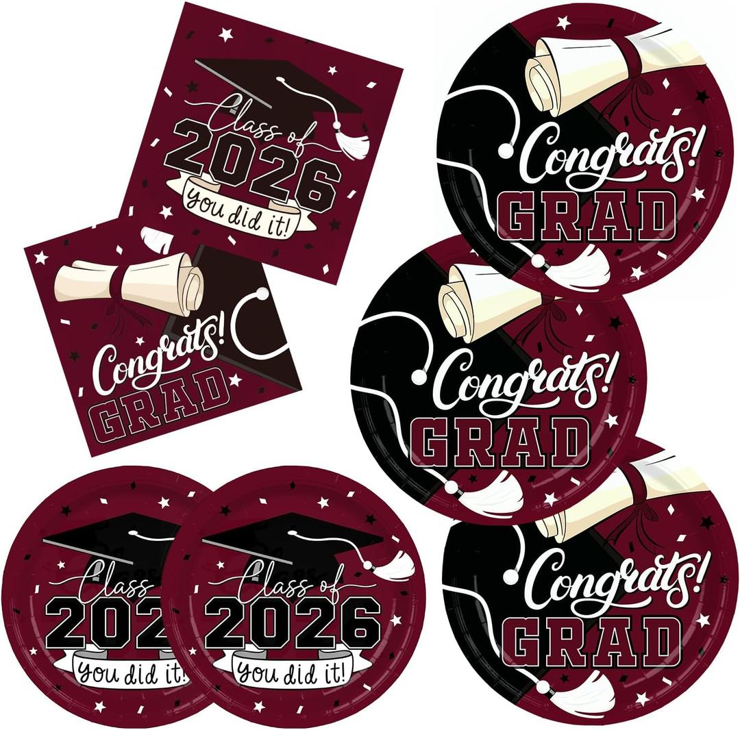 Gatherfun Graduation decorations 2026 Maroon Graduation Party Plates and Napkins Disposable Paper Plates Luncheon Napkins for Congrats Grad Party Decorations, Serve 50