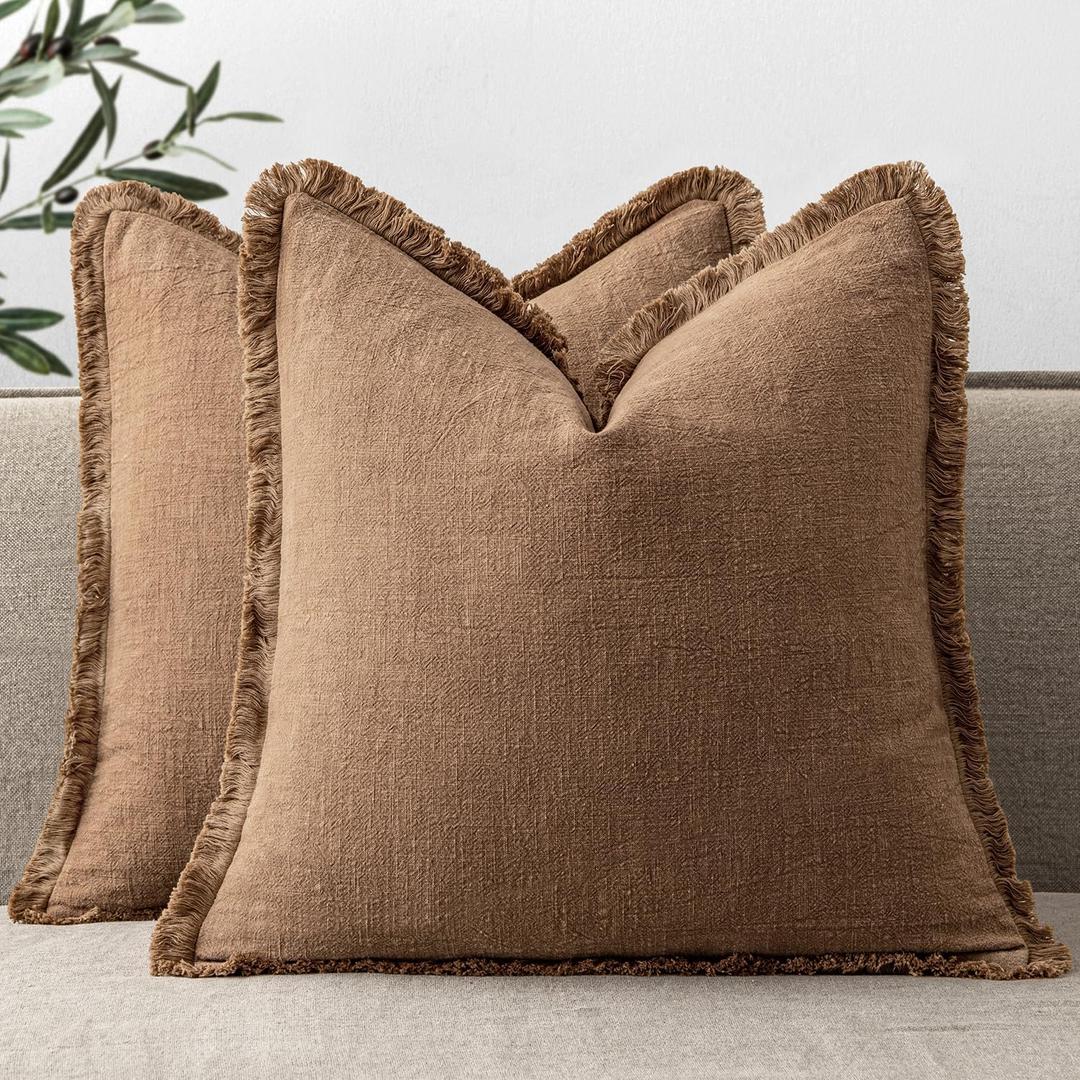 ANRODUO Set of 2 Decorative Throw Pillow Covers 2020 Inch Soft Linen Fringe Boho Farmhouse Vintage Cushion Covers with Tassels Accent Pillowcase for Couch Sofa Bed Living Room Fall Home Decor Brick