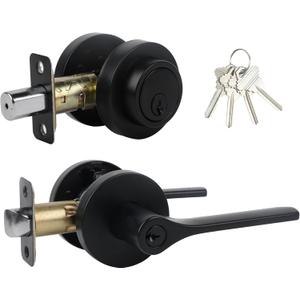 Keyed Alike Front Door Handle and Deadbolt Set,Roundness Heavy Duty Door Handle with Deadbolt Locks,Deadbolt Lock and Door Knob Set for Exterior Doors (Matte Black,1pack)