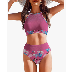 AI'MAGE Women's Bikini Sets High Neck Ribbed Two Pieces Swimsuit Tummy Control Bathing Suits High Waisted Swimwear 2025 Size Large
