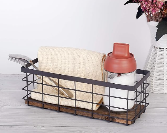 TIEYIPIN Small Metal Wire Storage Basket, Detachable Wood Base Storage Organizer Bin Basket for Kitchen Cabinets, Bathroom, Pantry, Garage, Laundry Room - Brown 
