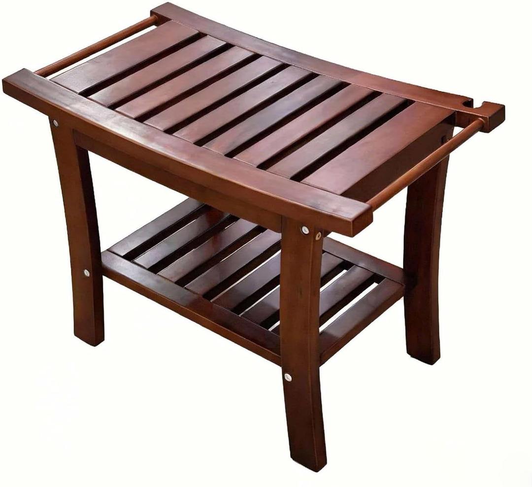 Solid Wood Shower Stool, 24" Bath Bench with Curved Seat, 330.7 lb Capacity, Non-Slip Feet, Storage Shelf, Natural Finish, Small,