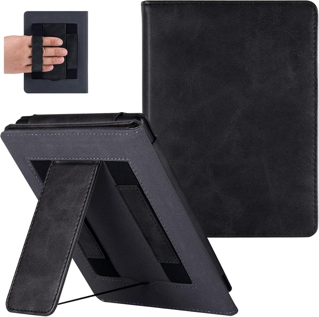 Stand Case for Older 6" Kindle Paperwhite 5th/6th/7th/10th Generation e-Reader (2012-2018 Release) - PU Leather Sleeve Cover with Two Hand Straps & Auto Sleep/Wake (Rock Black)