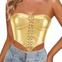 Women's Vintage Corset Lace Up Side Zip Bustier Boned Mesh Strapless Bodyshaper Sexy Crop Top (Medium, Gold)