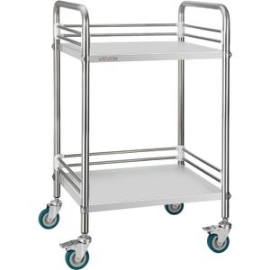 VEVOR Stainless Steel Rolling Cart, 2-Tier Metal Utility Cart with Lockable Wheels, Medical Serving Trolley Clinic Tray, Mobile Service Cart for Hospital, Lab, Restaurant, Kitchen, Salon