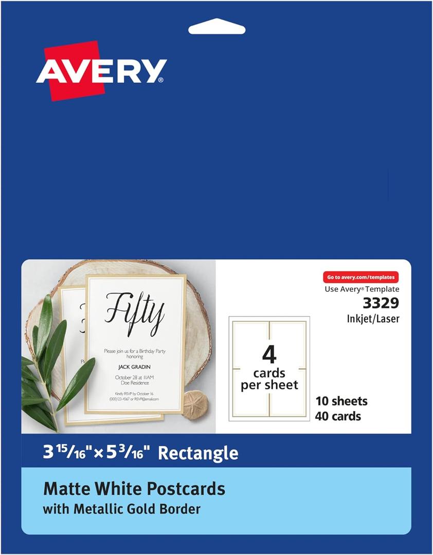 Avery Postcards with Metallic Gold Borders, 3-15/16" x 5-3/16", 40 Total, Laser/Inkjet Printable Postcards (3329)