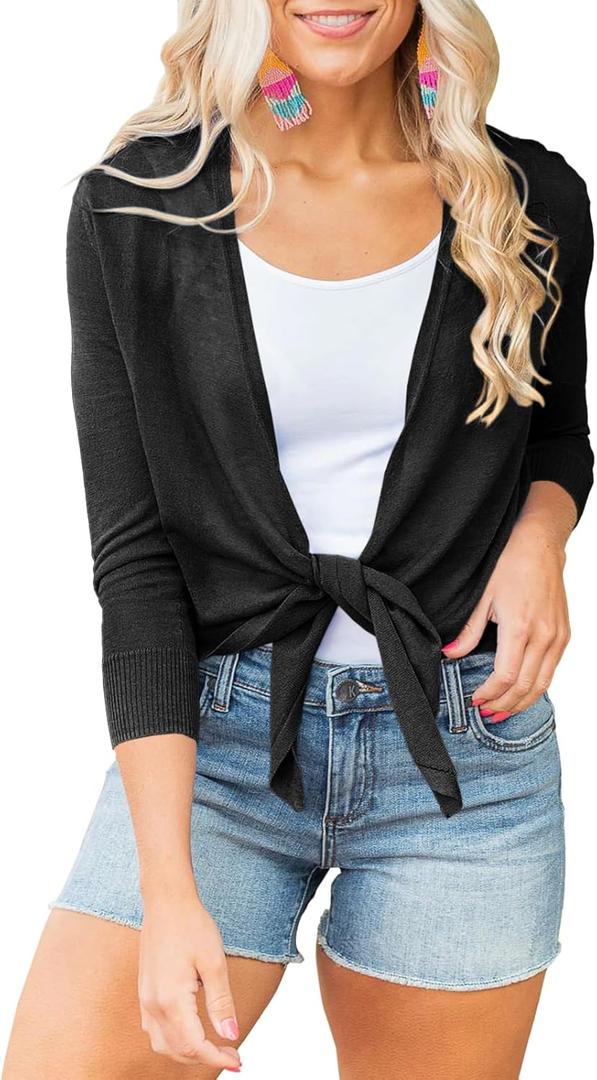 Langwyqu Womens Sheer Tie Knot Bolero Cardigan Summer Long Sleeve Lightweight Open Front Cover Up Crop Tops (Small, Black)