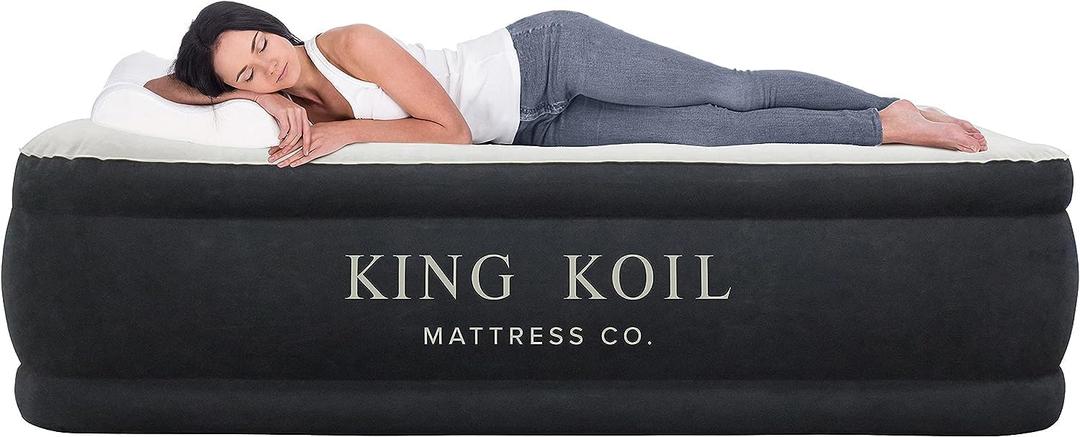 King Koil Luxury Pillow Top Plush Queen Air Mattress with High-Speed Built-in Pump, Blow Up Bed Top Side Flocking, Puncture Resistant, Double High Inflatable Airbed Guests & Travel