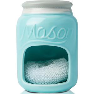 Comfify Ceramic Kitchen Sponge Holder - Farmhouse Style Sink Caddy - Mason Jar Decorative Kitchen Accessory - Country Rustic Sink Decor - Includes Free Sponge - Aqua Blue