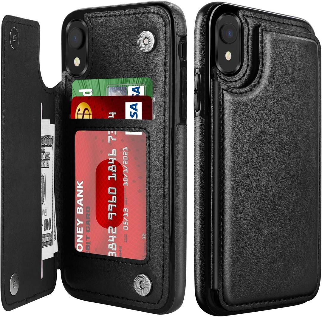 LETO for iPhone XR Case,Leather Wallet Case Flip Folio Cover with Kickstand Card Slots for Girls Women,Protective Phone Shell Black
