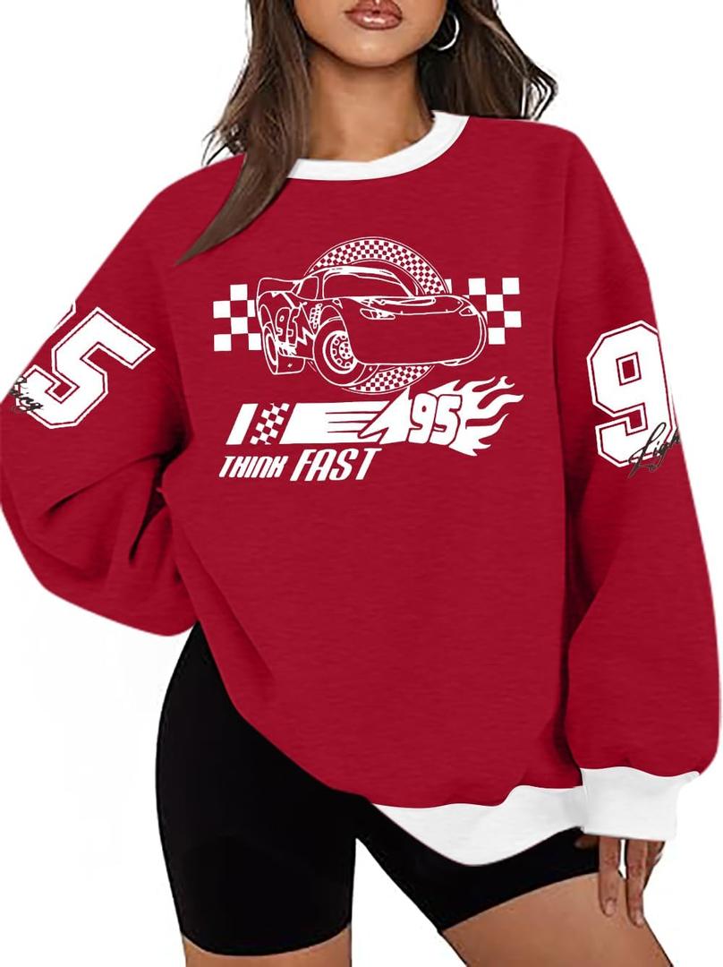 Women's Car Graphic Sweatshirt Cars Land Pullover Vacation Trip Crewneck Long Sleeve Shirt Car Racer Lover Clothes (Red), Size S