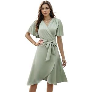 AliChan Womens Summer Satin Wrap Casual Dress V Neck Flared Sleeve Tie Front Waist Elegant Dress, Medium