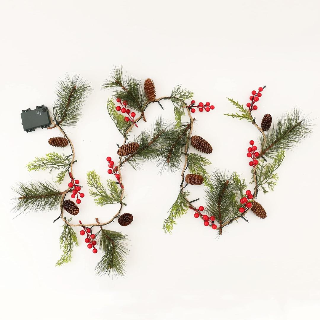 Aesto 6FT Christmas Garland with Timer, Lighted Xmas Garland Battery Operated for Outdoor/Indoor, 20 LED Red Berries