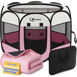 Siedihit Dog Cat Playpen, Puppy Pet Playpen Indoor for Dog Crate Tent Cage Outdoor, Portable Pop Up Dogs Enclosure Kennel with Carrying Case for Dogs/Cats/Rabbits (Pink with Pad, Medium)