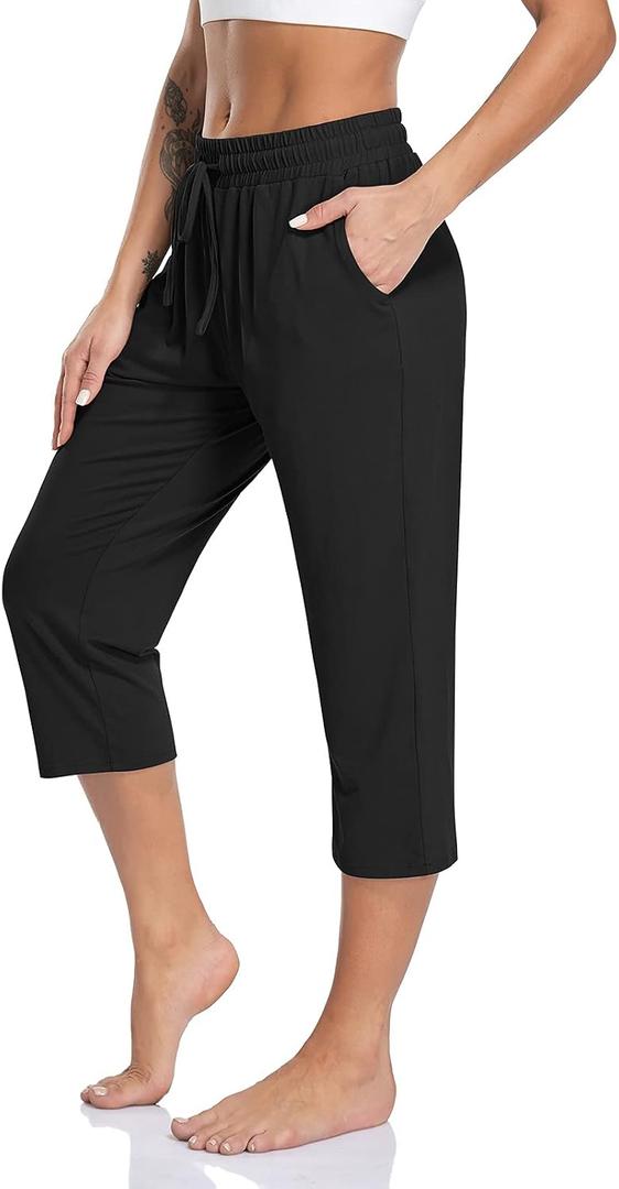 TARSE Women's Capri Yoga Pants Loose Soft Drawstring Workout Sweatpants Causal Lounge Pants with Pockets (Black, XXL)