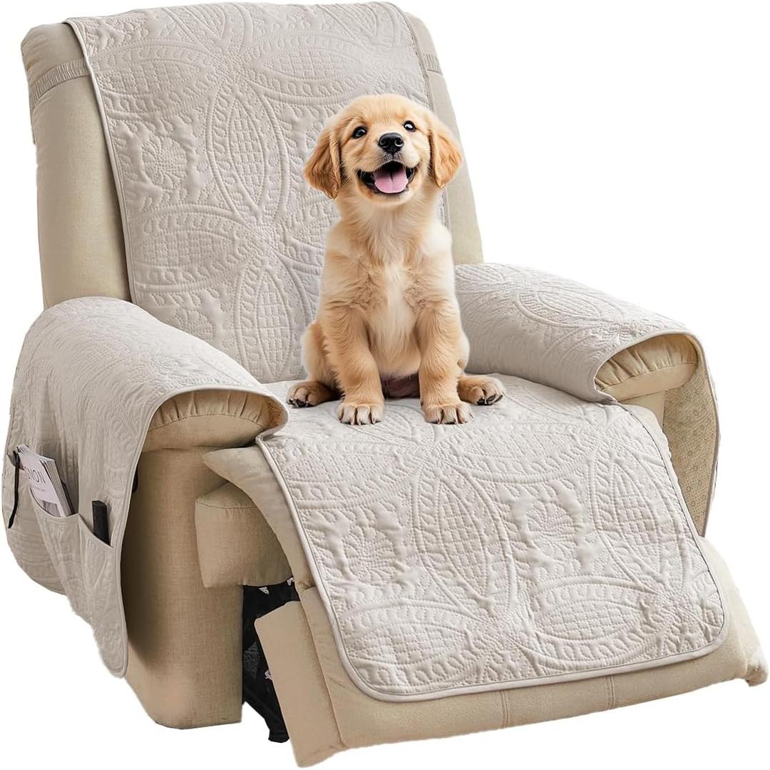 Pamhaven Beige Quilted Recliner Covers, Water-Repellent Recliner Slipcovers, Lazy Boy Chair Covers, Pet Friendly Recliner Cover for Dogs Cats, Washable Furniture Protector (Recliner 22", Beige Cream)